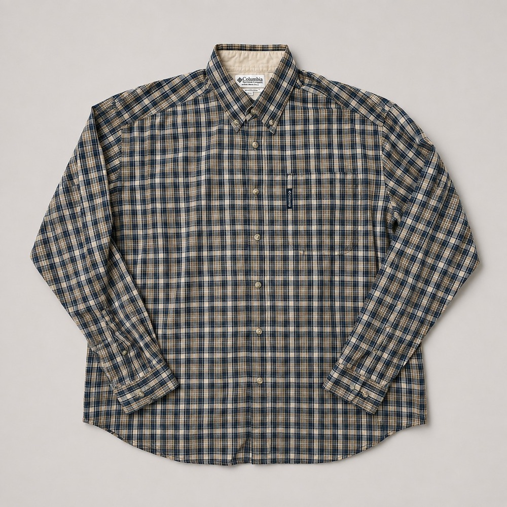 Columbia Mens L Brown Blue Plaid Button Up Long Sleeve Shirt Cotton Casual